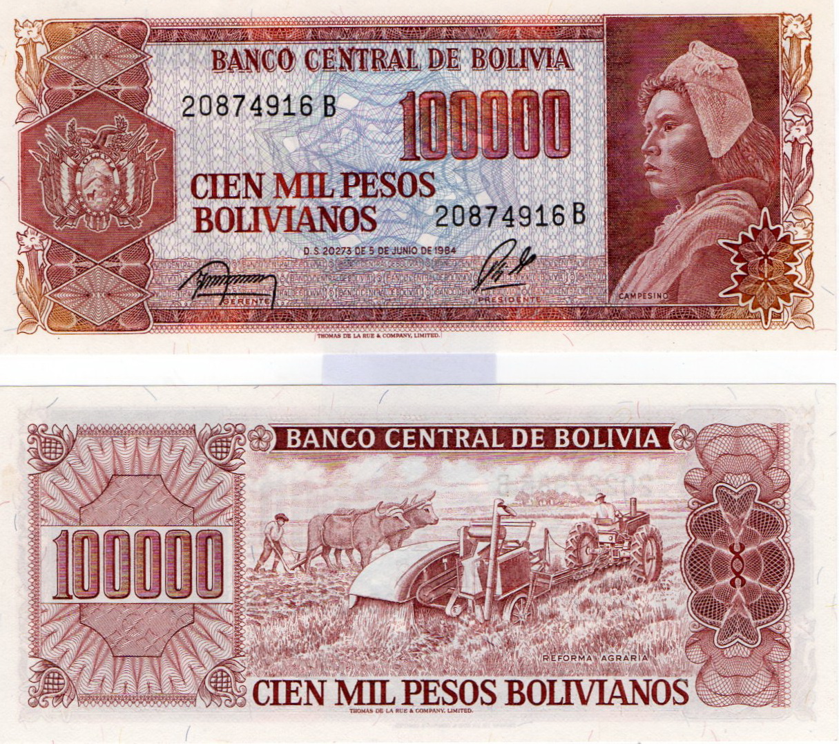 Bolivia #171a(2)  100.000 Pesos Bolivianos